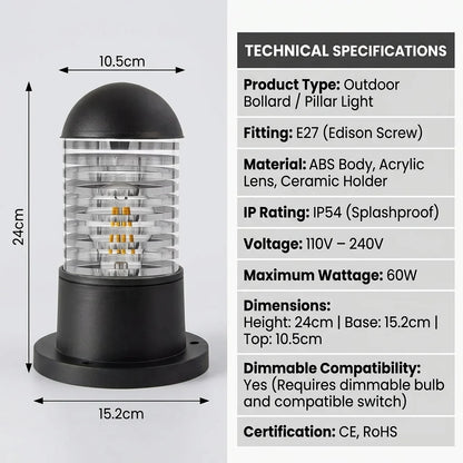Outdoor Pillar Light E27 IP54 – Garden Bollard, Black - photo 2