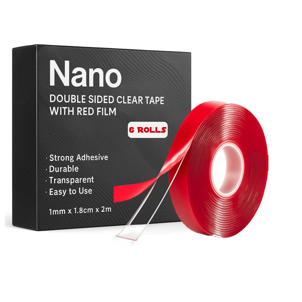 Nano Double-Sided Tape with Red Film – 18 mm x 2 m, 1 mm, 1 to 10 Rolls - 6 Rolls, Pack of 6