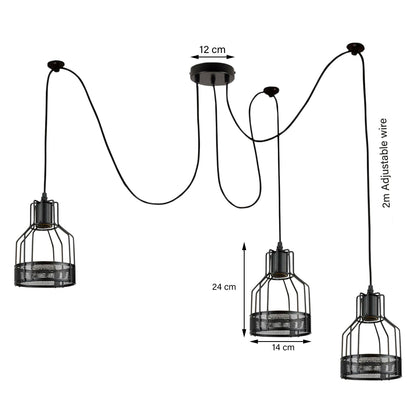 3-Light Spider Pendant – Black Drum Cages, 2 m Cable, E27 - photo 2