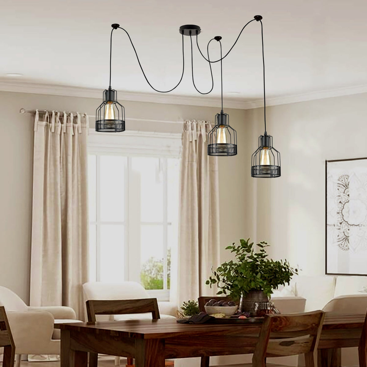 3-Light Spider Pendant – Black Drum Cages, 2 m Cable, E27 - photo 3