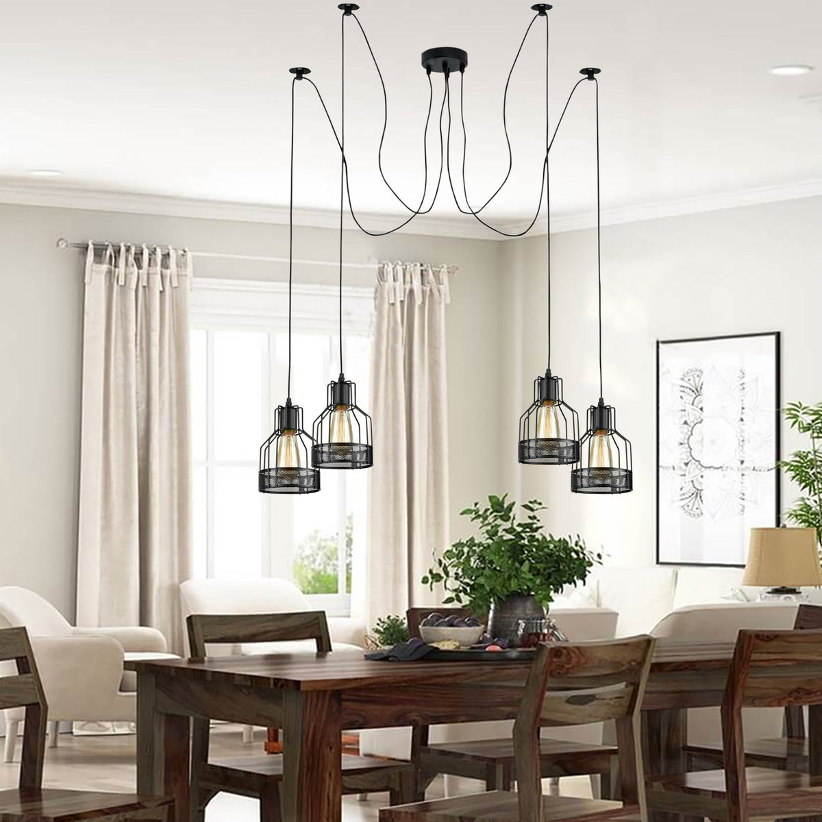 4-Light Spider Pendant – Black Drum Cages, 2 m Cable, E27 - photo 2