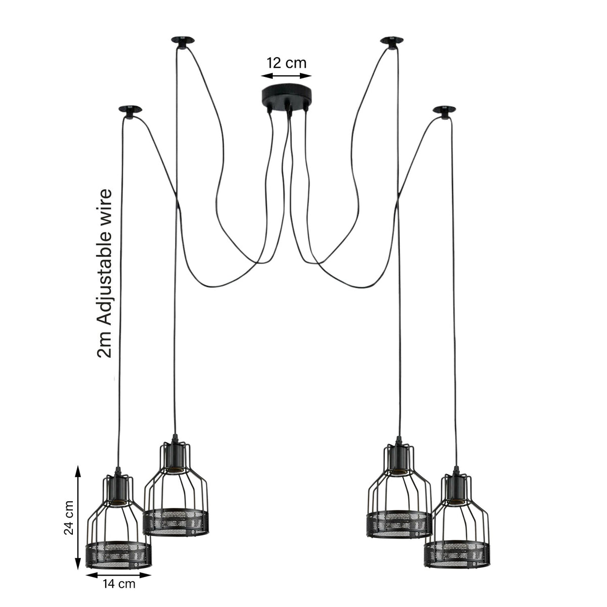 4-Light Spider Pendant – Black Drum Cages, 2 m Cable, E27 - photo 3