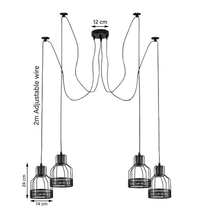 4-Light Spider Pendant – Black Drum Cages, 2 m Cable, E27 - photo 3