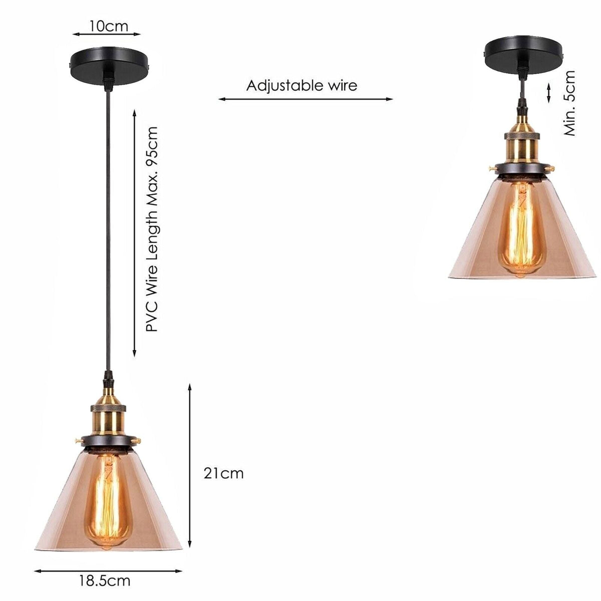Amber Glass Pendant Light – 5 Shade Styles, Brass Holder, E27 - photo 2