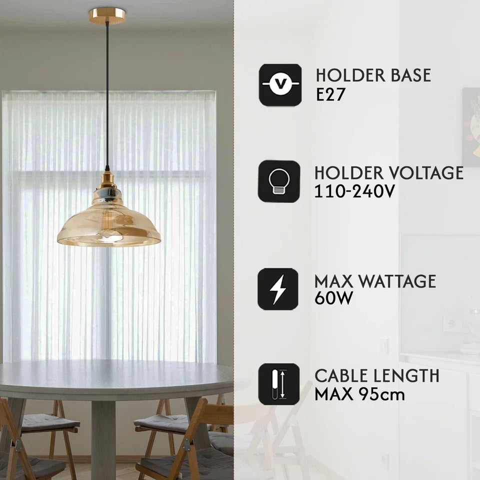 Amber Glass Pendant Light – 5 Shade Styles, Brass Holder, E27 - photo 5