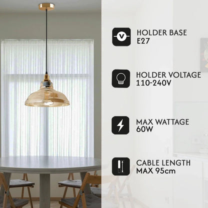 Amber Glass Pendant Light – 5 Shade Styles, Brass Holder, E27 - photo 5