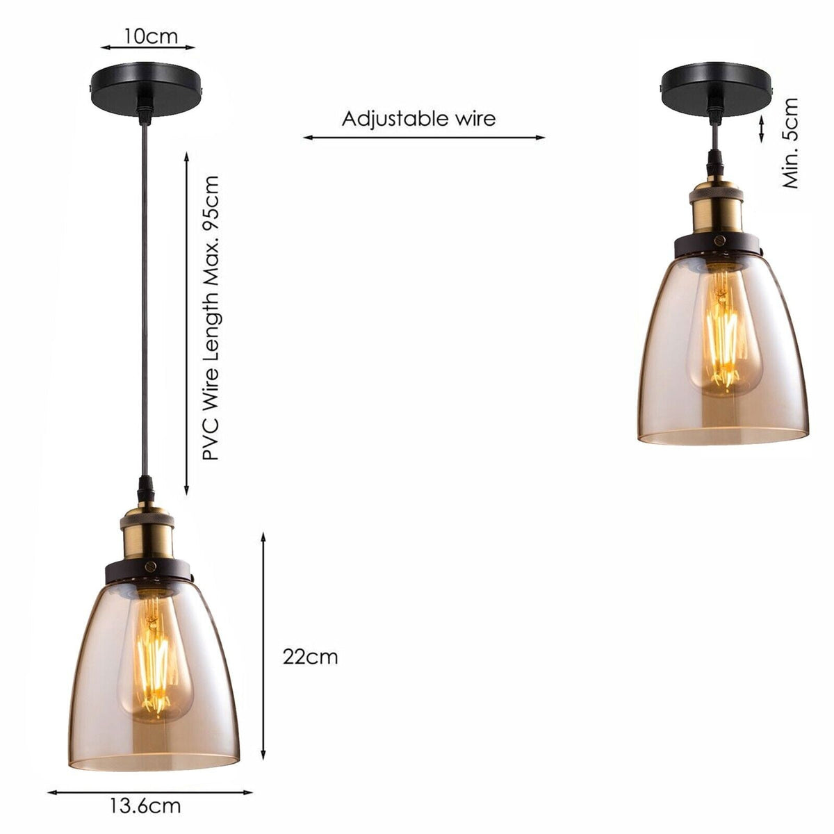 Amber Glass Pendant Light – 5 Shade Styles, Brass Holder, E27 - photo 9