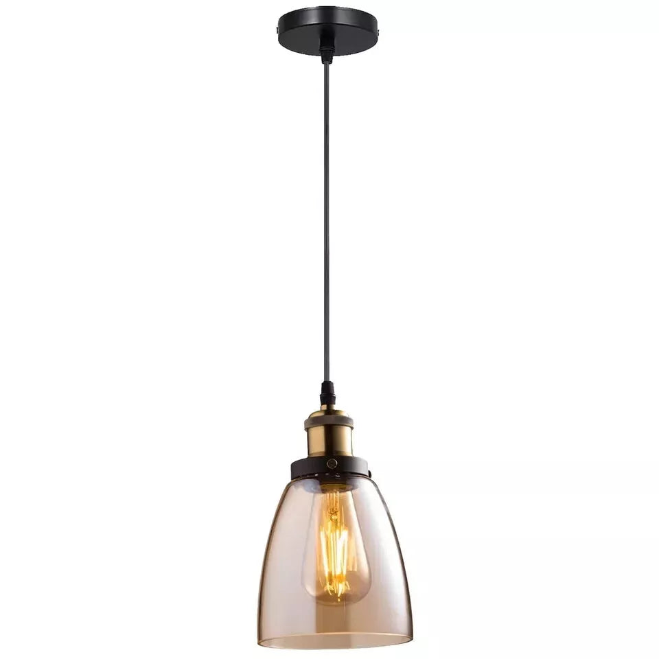 Amber Glass Pendant Light – 5 Shade Styles, Brass Holder, E27 - Yellow Brass, Bell Glass 13.6 cm Amber, ST64 LED Bulb 4W