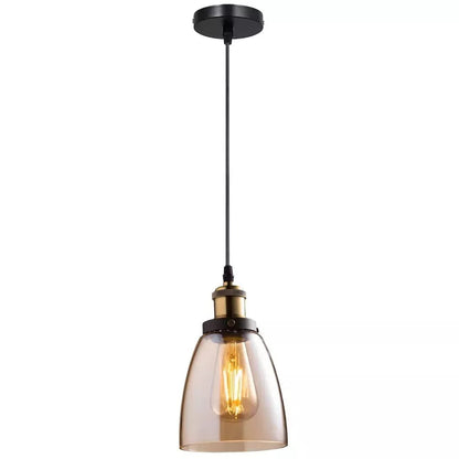 Amber Glass Pendant Light – 5 Shade Styles, Brass Holder, E27 - Yellow Brass, Bell Glass 13.6 cm Amber, ST64 LED Bulb 4W