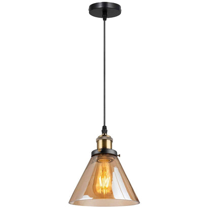 Amber Glass Pendant Light – 5 Shade Styles, Brass Holder, E27 - Yellow Brass, Cone Glass 18.5 cm Amber, Without Bulb