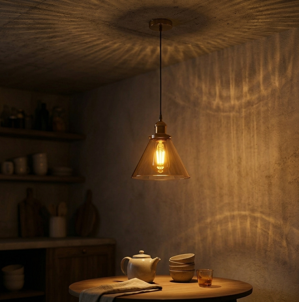 Amber Glass Pendant Light – 5 Shade Styles, Brass Holder, E27 - Yellow Brass, Cone Glass 18.5 cm Amber, ST64 LED Bulb 4W