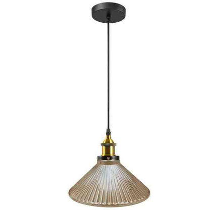 Amber Glass Pendant Light – 5 Shade Styles, Brass Holder, E27 - Yellow Brass, Ribbed Glass 25 cm Amber, Without Bulb