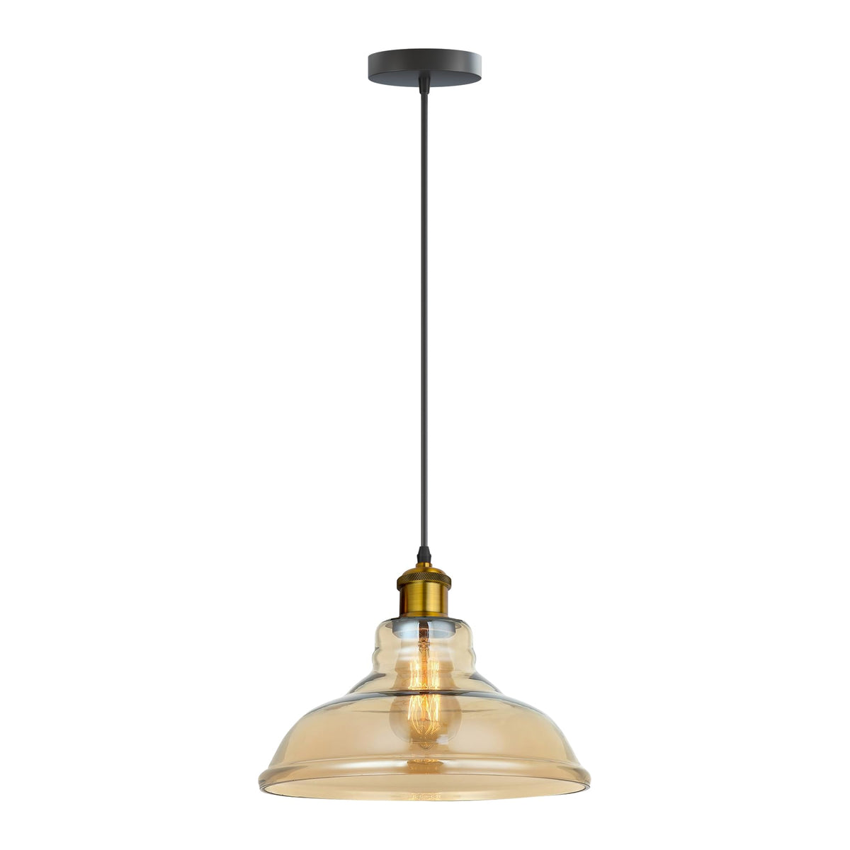 Amber Glass Pendant Light – 5 Shade Styles, Brass Holder, E27 - Yellow Brass, Glass Dome 28 cm Amber, ST64 LED Bulb 4W