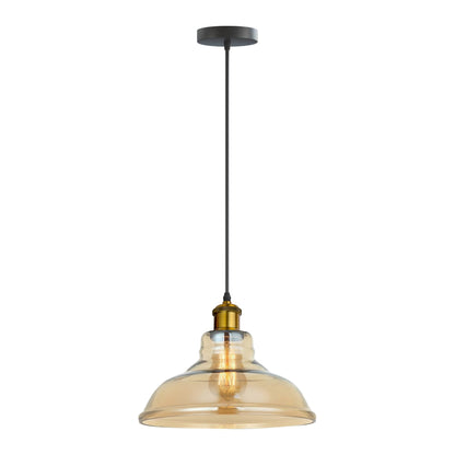 Amber Glass Pendant Light – 5 Shade Styles, Brass Holder, E27 - Yellow Brass, Glass Dome 28 cm Amber, ST64 LED Bulb 4W