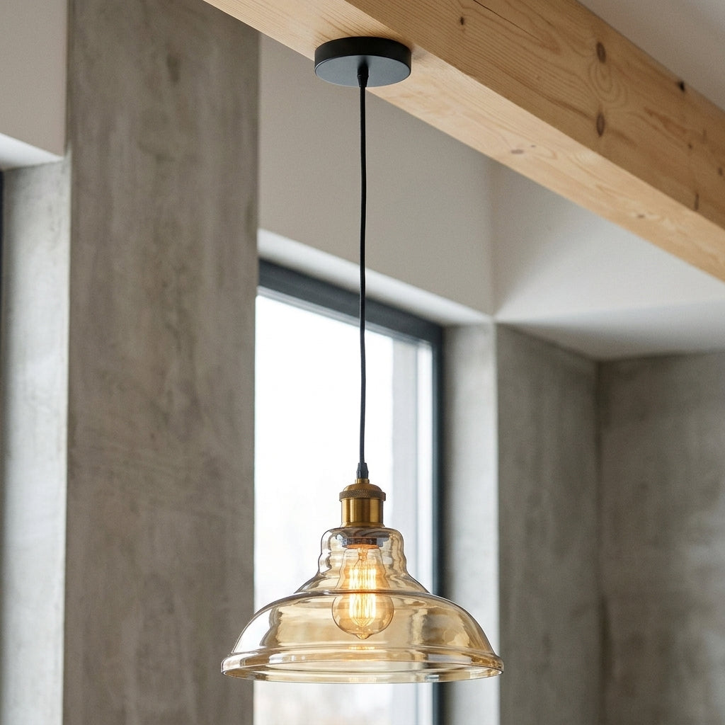 Amber Glass Pendant Light – 5 Shade Styles, Brass Holder, E27 - Yellow Brass, Glass Dome 28 cm Amber, Without Bulb