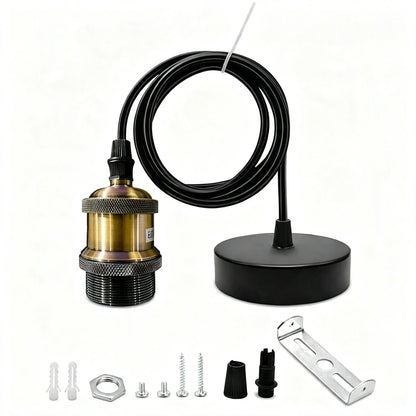 Amber Glass Pendant Light – 5 Shade Styles, Brass Holder, E27 - Yellow Brass, No Shade, Without Bulb