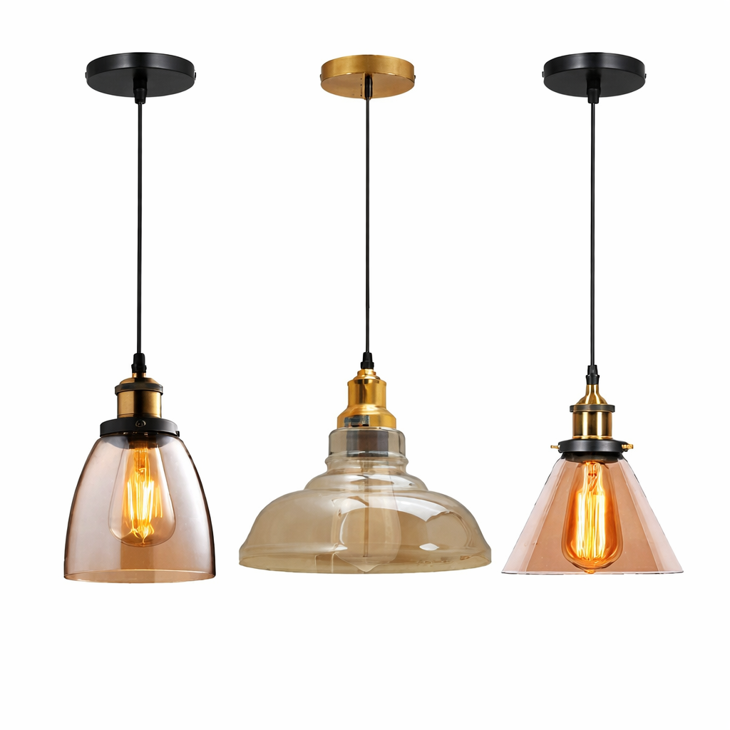 Amber Glass Pendant Light – 5 Shade Styles, Brass Holder, E27