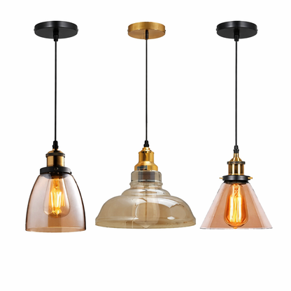 Amber Glass Pendant Light – 5 Shade Styles, Brass Holder, E27