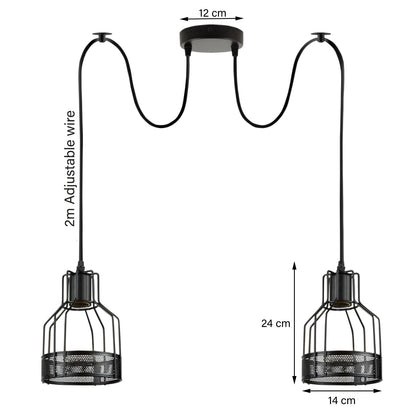 2-Light Spider Pendant – Black Drum Cages, 2 m Cable, E27 - photo 4