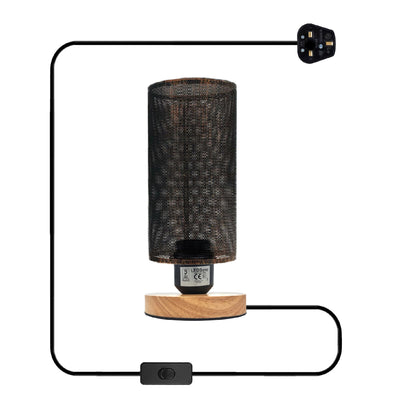 Retro Cage Bedside Table Lamp with Wooden Stand E27 - Brushed Copper, Without Bulb