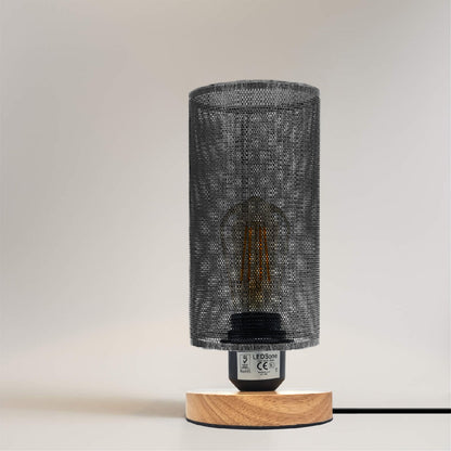 Retro Cage Bedside Table Lamp with Wooden Stand E27