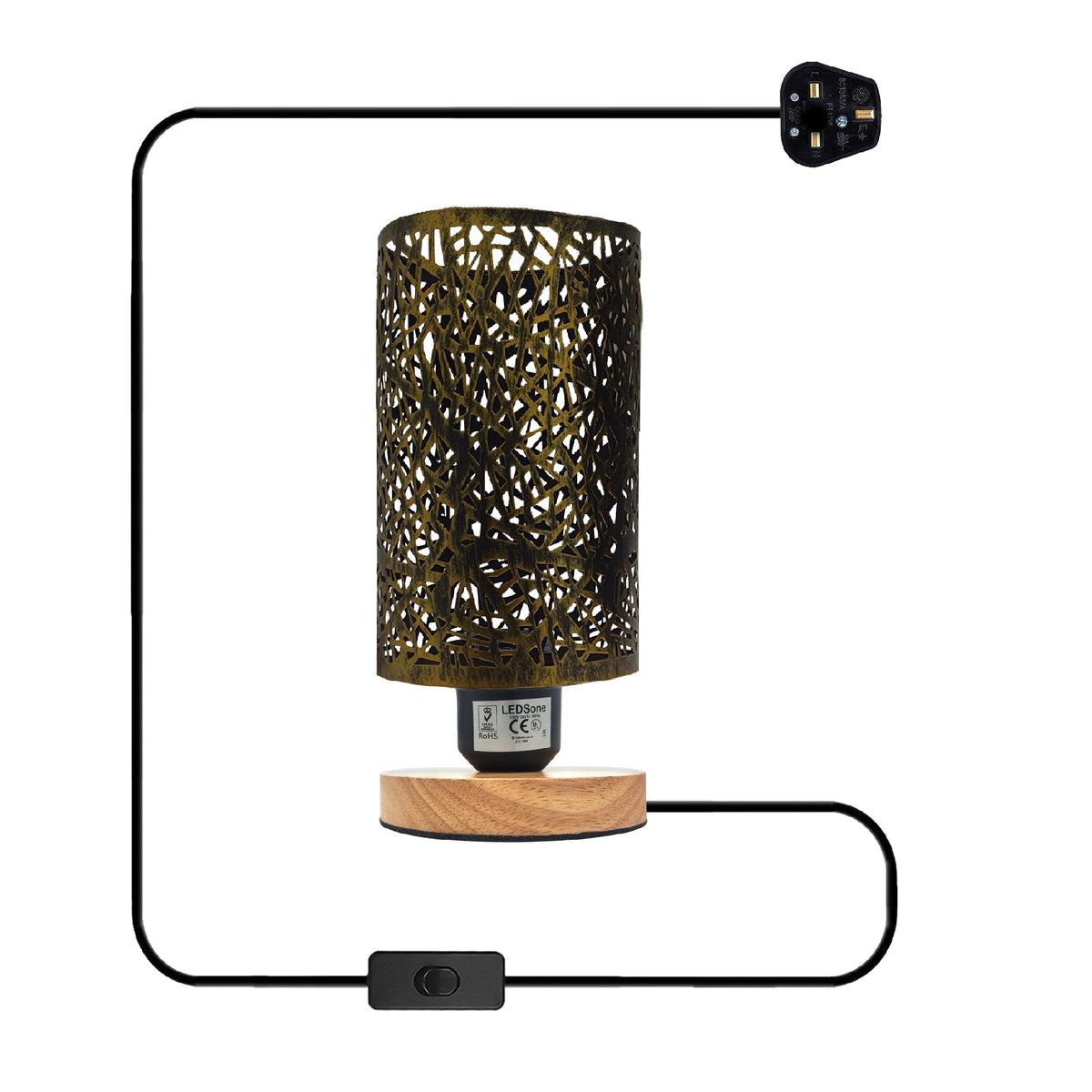 Retro Cage Table Lamp with Wooden Base and On/Off Switch - Brushed Brass, Without Bulb