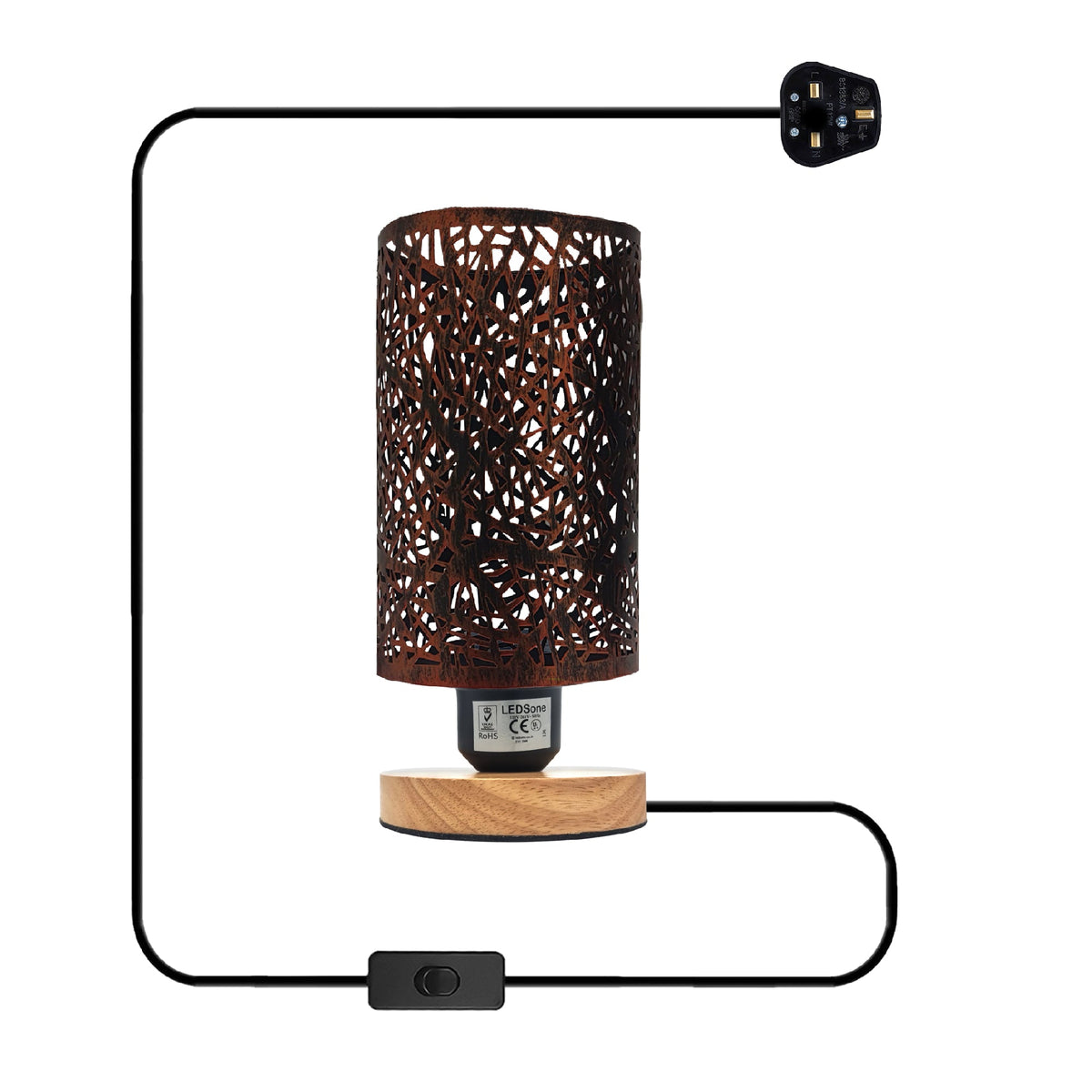 Retro Cage Table Lamp with Wooden Base and On/Off Switch - Brushed Copper, Without Bulb