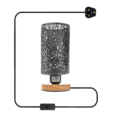 Retro Cage Table Lamp with Wooden Base and On/Off Switch - Brushed Silver, Without Bulb