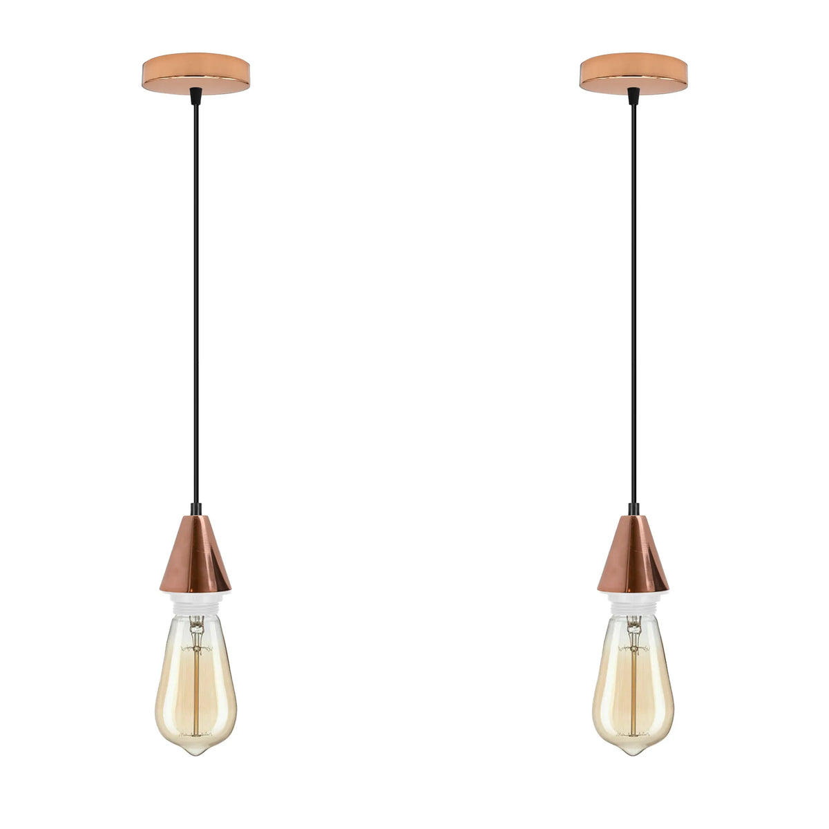Cone Holder Pendant Light – Black, Copper or Rose Gold, 20+ Shades - Rose Gold, No Shade, Pack of 2, With 2 ST64 Bulbs