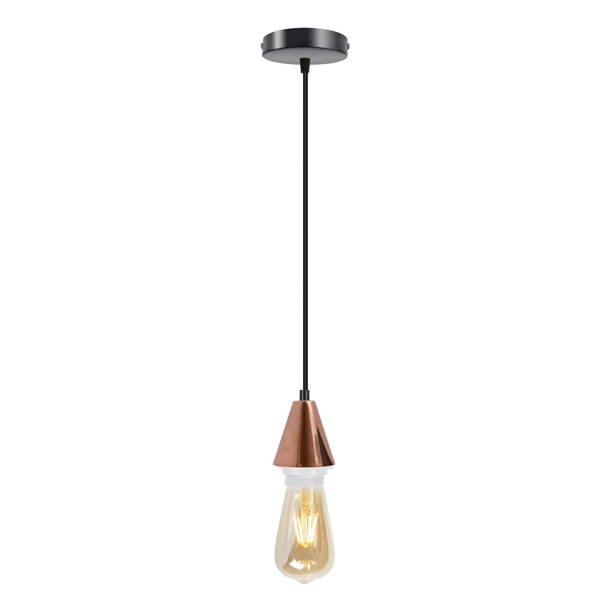 Cone Holder Pendant Light – Black, Copper or Rose Gold, 20+ Shades - Rose Gold, No Shade, ST64 LED Bulb 4W
