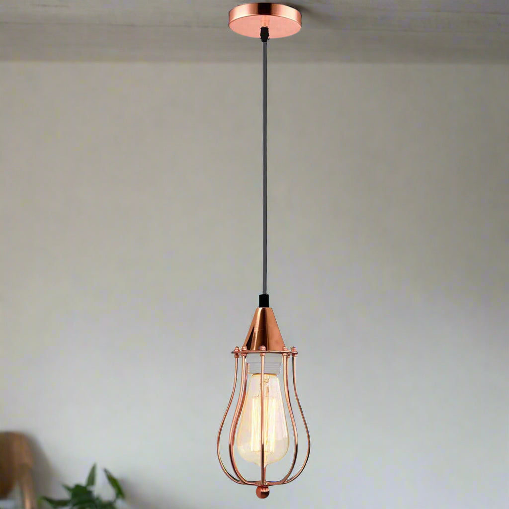 Cone Holder Pendant Light – Black, Copper or Rose Gold, 20+ Shades - Rose Gold, Round Cage Rose Gold, T130 LED Bulb 4W