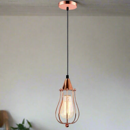 Cone Holder Pendant Light – Black, Copper or Rose Gold, 20+ Shades - Rose Gold, Round Cage Rose Gold, T130 LED Bulb 4W