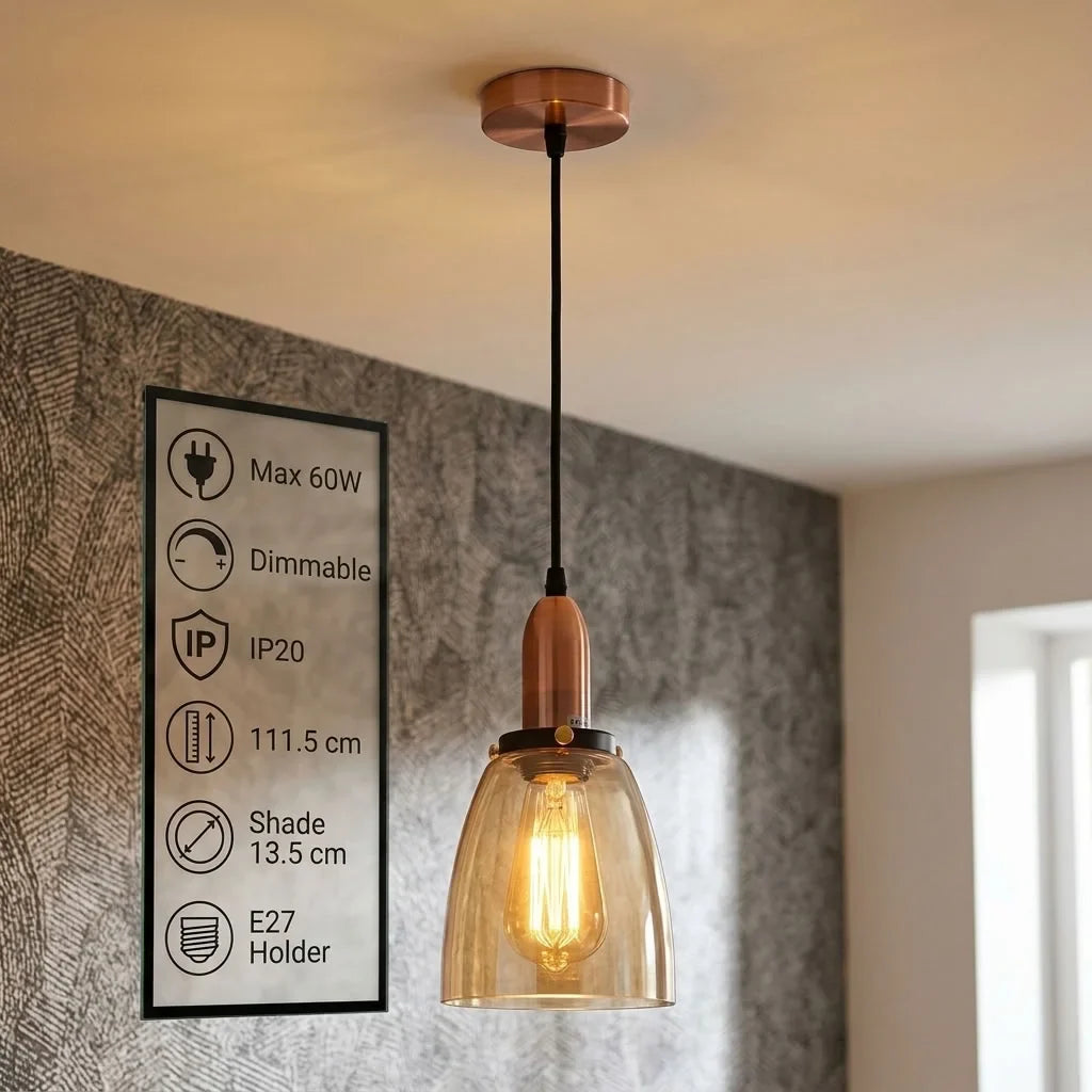 Pendant Light – Copper Cone, Amber Glass Bell or Black & Gold Dome - Copper, Bell Glass 13.6 cm Amber Shade Ring, Without Bulb