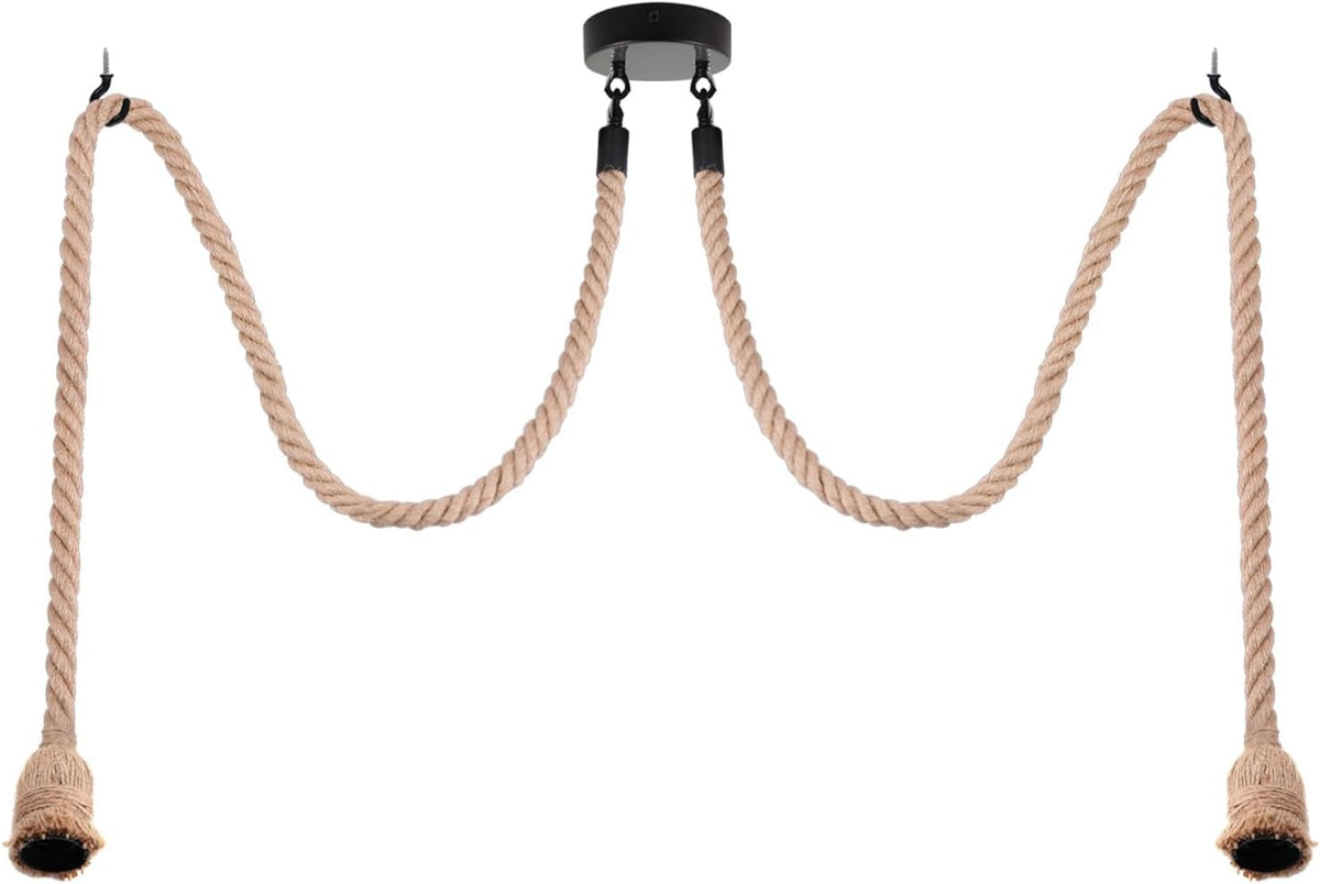 Twin Hemp Rope Swag Pendant – 2 Lights with Ceiling Hooks, E27