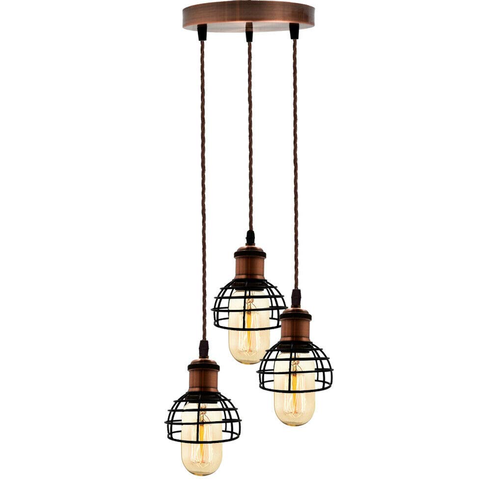 3-Light Cluster Pendant – Copper with Black Cage Shades, E27
