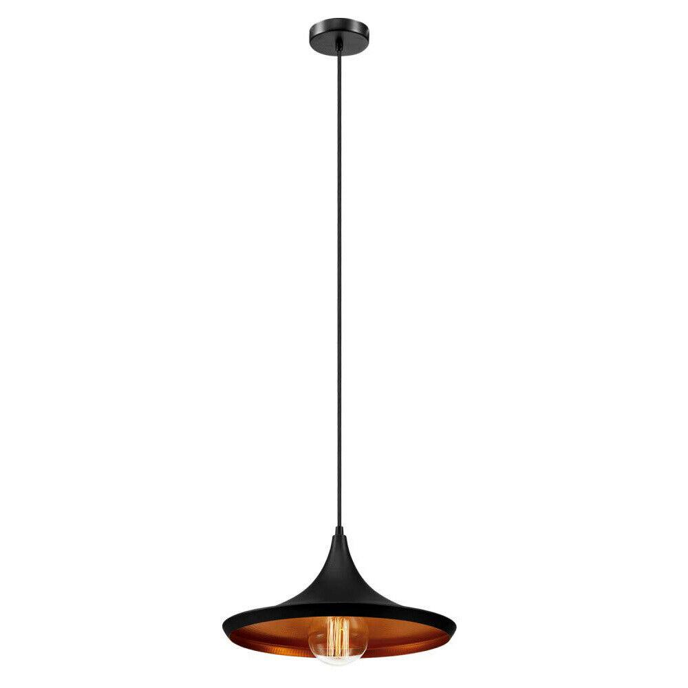 Wide Flat Pendant Light – Black with Copper Inside, E27