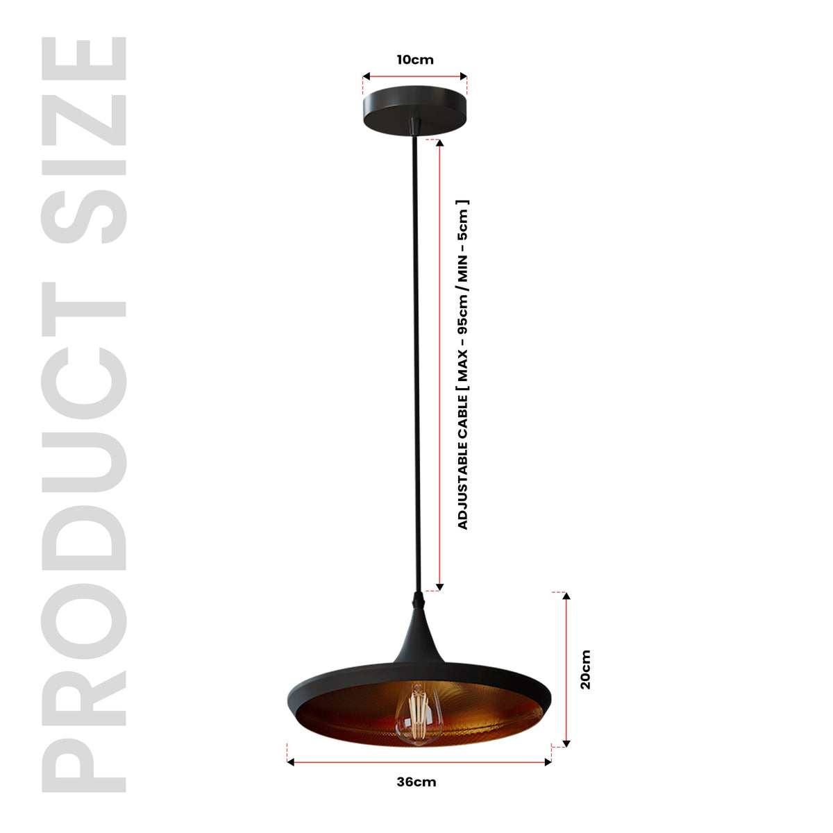 Wide Flat Pendant Light – Black with Copper Inside, E27 - photo 2