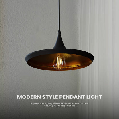 Wide Flat Pendant Light – Black with Copper Inside, E27 - photo 3