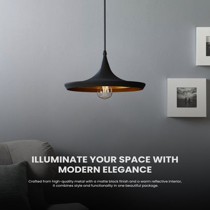 Wide Flat Pendant Light – Black with Copper Inside, E27 - photo 4