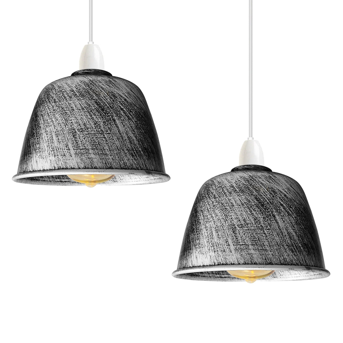 Retro Dome Lamp Shade 15-18 cm – Easy Fit, 15 Colours - Brushed Silver, 18 cm with Reducer Ring, Pack of 2