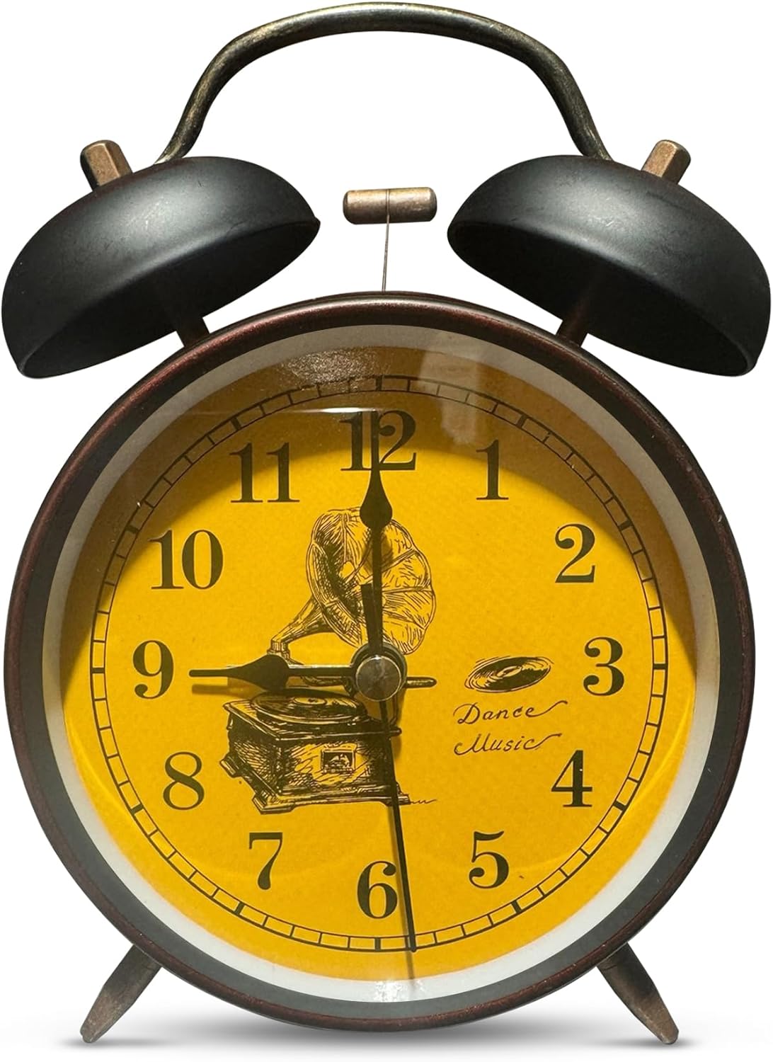 Retro Twin Bell Alarm Clock – Loud Bell, 10 cm, 5 Dial Designs - Gramophone, Yellow Dial