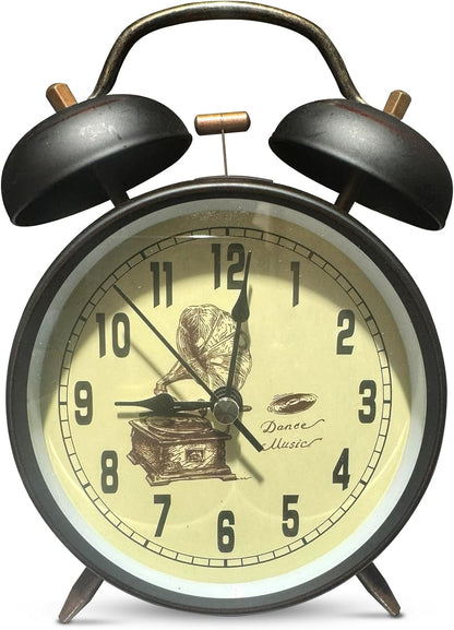 Retro Twin Bell Alarm Clock – Loud Bell, 10 cm, 5 Dial Designs - Gramophone, Cream Dial