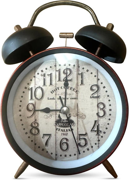 Retro Twin Bell Alarm Clock – Loud Bell, 10 cm, 5 Dial Designs - Hot Coffee Dial