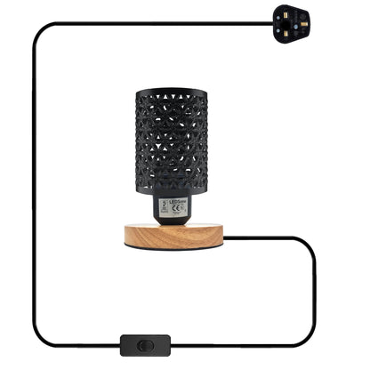 Retro Metal Cage Table Lamp with Wood Base E27 - Black, Without Bulb