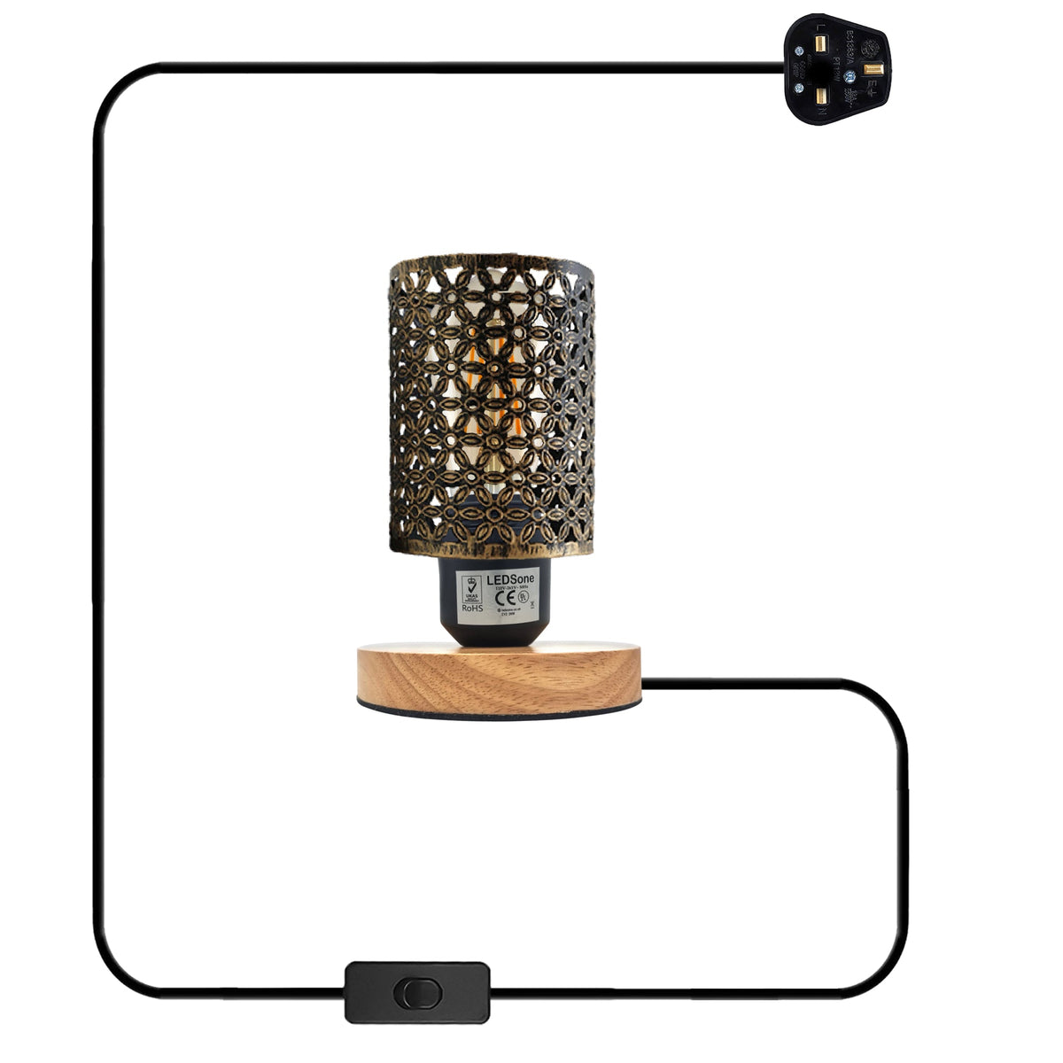 Retro Metal Cage Table Lamp with Wood Base E27 - Brushed Brass, Without Bulb