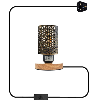 Retro Metal Cage Table Lamp with Wood Base E27 - Brushed Brass, Without Bulb