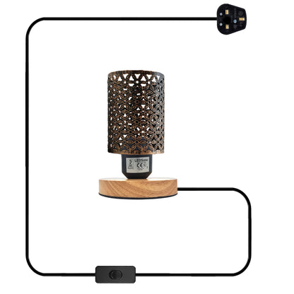Retro Metal Cage Table Lamp with Wood Base E27 - Brushed Copper, Without Bulb