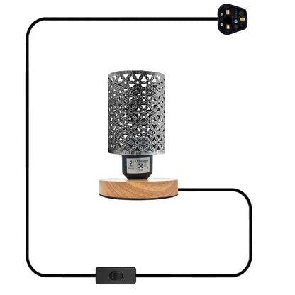 Retro Metal Cage Table Lamp with Wood Base E27 - Brushed Silver, Without Bulb