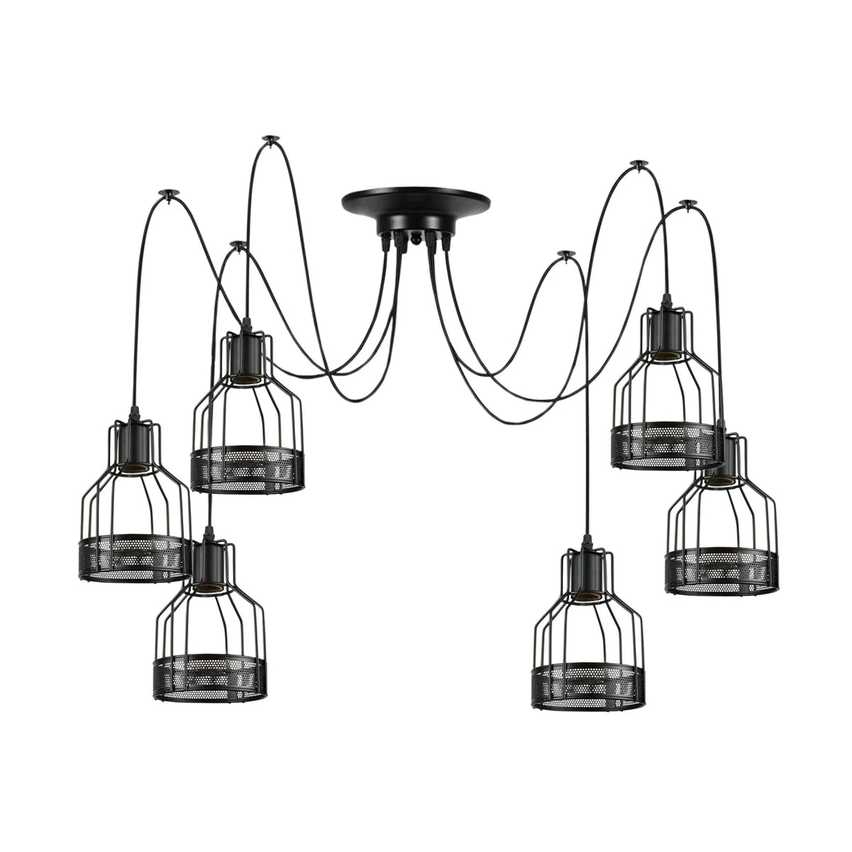 6-Arm Spider Pendant with Birdcage Shades – Black, E27