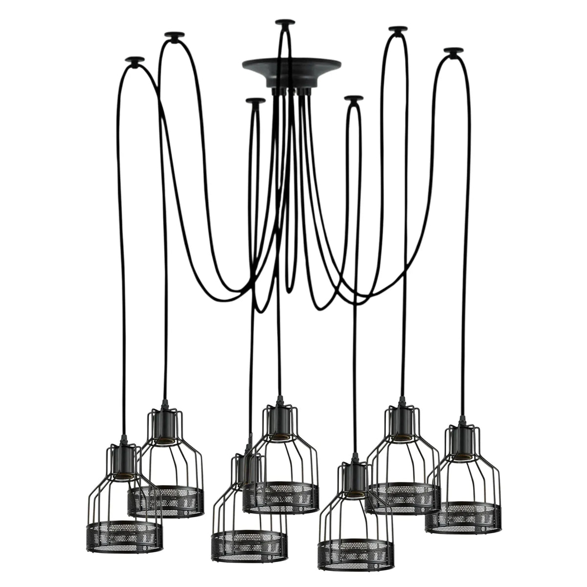 7 Light Spider Pendant – Black Birdcage Shades, 2 m Cables, E27